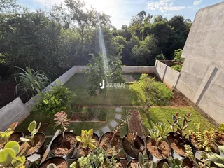 Jardim externo com vasos de plantas em um pátio cercado por paredes de concreto.