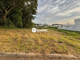 Vista externa de um terreno com vegetação seca e edifícios residenciais ao fundo.