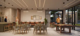 Ambiente interno com mesa de jantar e área de estar em um imóvel moderno.