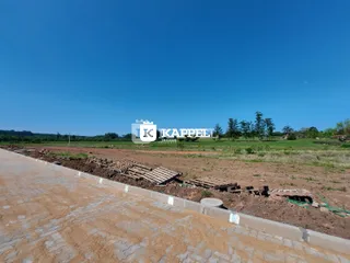 Vista externa de um terreno aberto com campo seco e vegetação ao fundo.