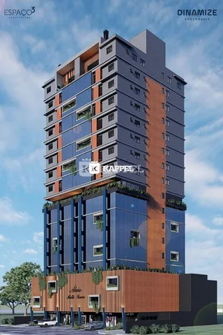 Fachada de um prédio residencial moderno com detalhes em azul e terracota.