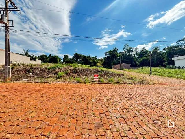 Vista externa de um terreno com piso de tijolos avermelhados e vegetação.
