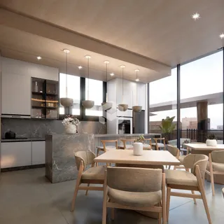 Vista de uma sala de jantar moderna com cozinha aberta e grandes janelas.
