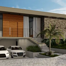 Fachada de uma residência com revestimento de madeira e alvenaria em Lajeado.