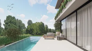 Foto da área externa com piscina e mobiliário ao lado de uma residência moderna.