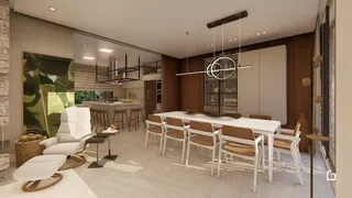 Ambiente de jantar moderno com mesa grande em um apartamento.