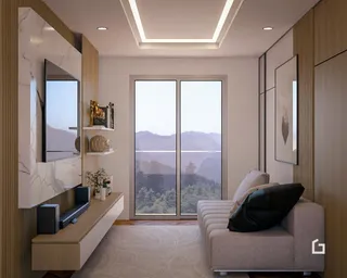 Sala de estar moderna com vista para a paisagem montanhosa.