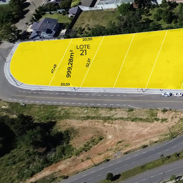 Vista aérea do lote 21 em Lajeado, Brasil, mostrando os limites da propriedade.