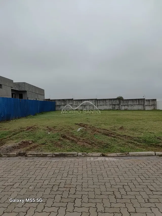 Vista externa de um terreno com grama e muro de concreto.