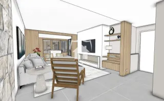 Renderização de um ambiente interno com sofá e móveis de madeira.