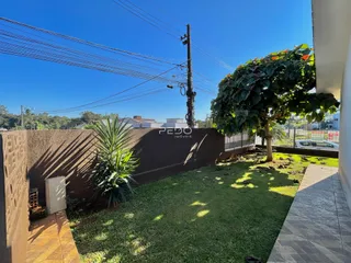 Vista externa de um quintal gramado com muro e árvore.