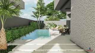 Vista externa de uma piscina e jardim em uma propriedade no Brasil.