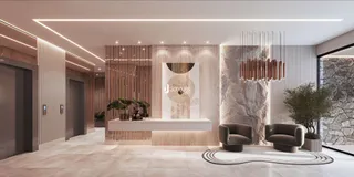 Sala de estar moderna com revestimento de madeira e pedra.