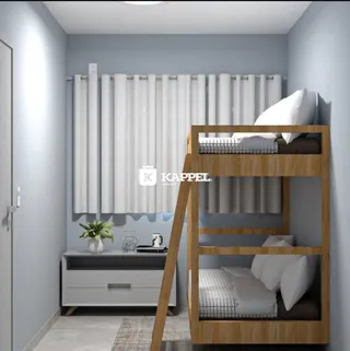 Quarto com cama e cômoda em ambiente interno.