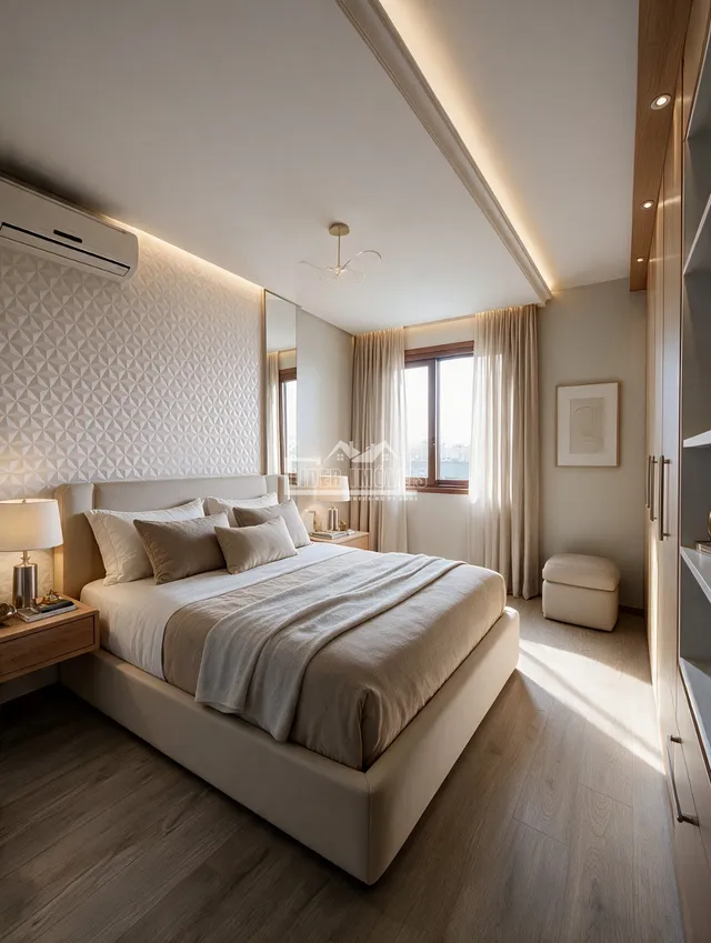 Quarto com cama e janela em um apartamento.