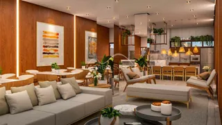 Sala de estar moderna com sofá grande e painéis de madeira.