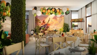 Ambiente de jantar com decoração festiva em uma sala ampla.