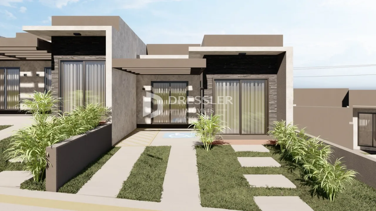 A fachada de uma casa moderna em Lajeado, Brasil com jardim frontal.