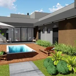 Foto da área externa com piscina e jardim em uma residência.