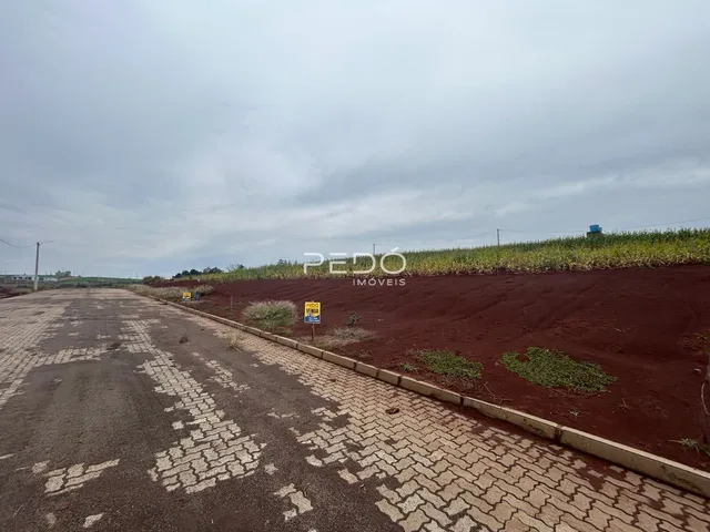 Vista da propriedade com estrada de terra e área de terra vermelha no fundo.