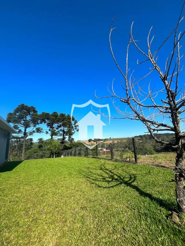 Vista externa de um gramado verde sob um céu azul claro.