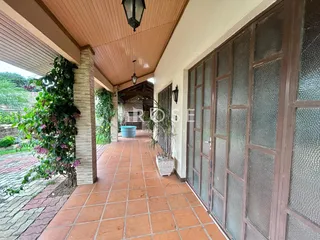 Vista de um pátio coberto com piso de tijolos vermelhos e vegetação exuberante.