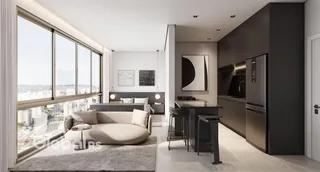 Sala de estar moderna com grande janela e vista panorâmica.