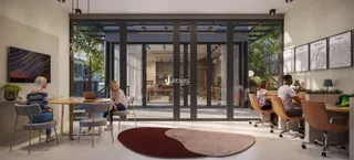 Sala de estar moderna com portas de vidro que dão para o exterior.