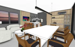 Uma mesa de jantar com cadeiras em um ambiente interno.
