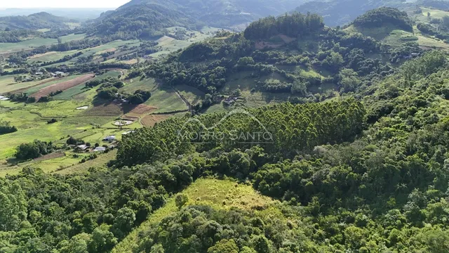 Vista aérea de colinas verdes e áreas cultivadas em Lajeado, Brasil.