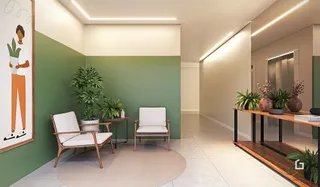 Sala de estar com decoração moderna e piso claro.
