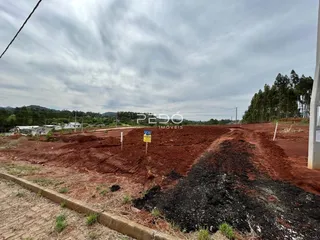 Vista de um terreno aberto com terra vermelha e vegetação no fundo.