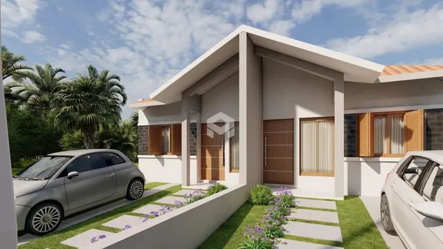 Fachada de uma residência moderna em Lajeado, Brasil, com jardim frontal.