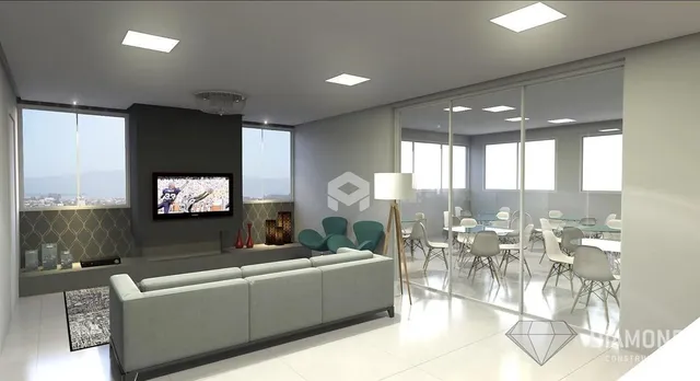 Sala de estar moderna com grande janela e ambiente iluminado.