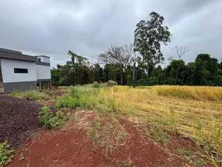 Vista externa da residência em Lajeado com campo seco e vegetação no primeiro plano.