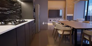 Foto de uma sala de estar com cozinha moderna.