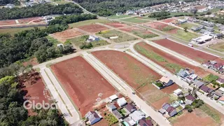 Vista aérea de terrenos abertos e áreas de plantio na região de Lajeado.