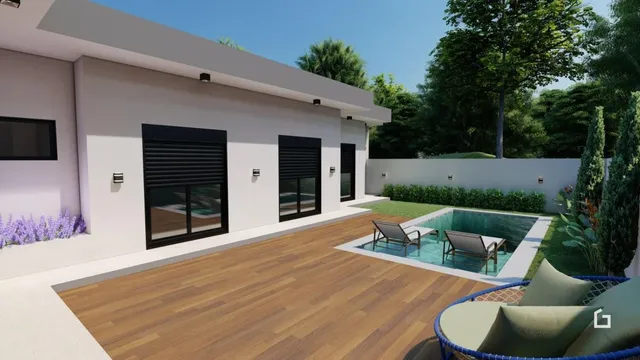 Fachada de uma casa moderna com piscina e jardim.