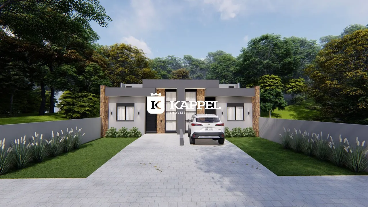 Fachada de uma residência moderna com paisagismo verde.