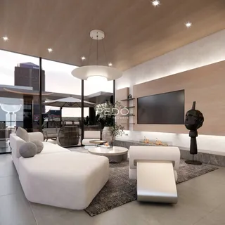 Sala de estar moderna com grandes janelas e decoração contemporânea.