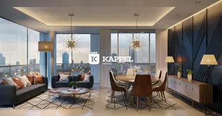 Sala de estar moderna com grandes janelas e vista panorâmica da cidade.