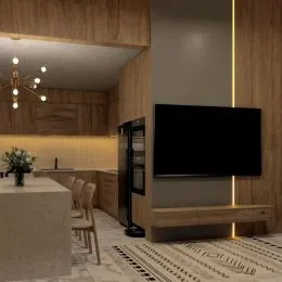 Ambiente interno com painel de madeira e televisão montada na parede.