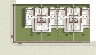 A planta baixa exibe o layout de uma residência com quatro unidades numeradas.
