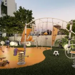 Vista externa de um jardim com um balanço.