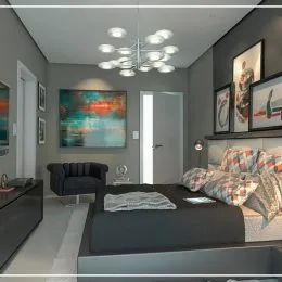 Quarto com cama e cabeceira simples.