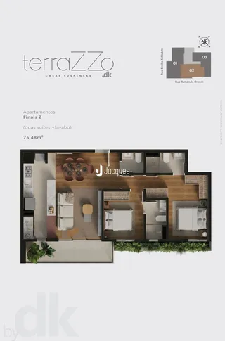 Este é o layout de um apartamento com duas suítes e um lavabo.