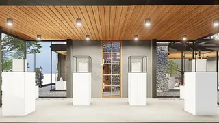 Renderização de um ambiente moderno com teto de madeira e grandes vãos de vidro.