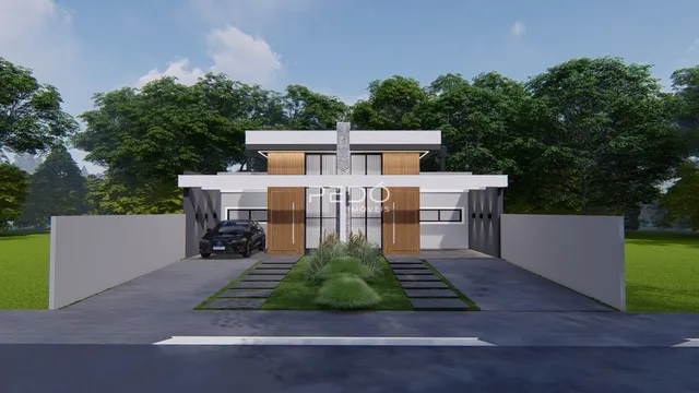 Fachada de uma casa moderna com jardim em Lajeado, Brasil.