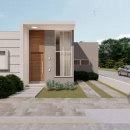 Fachada de uma residência moderna em Lajeado, Brasil, com porta de madeira.