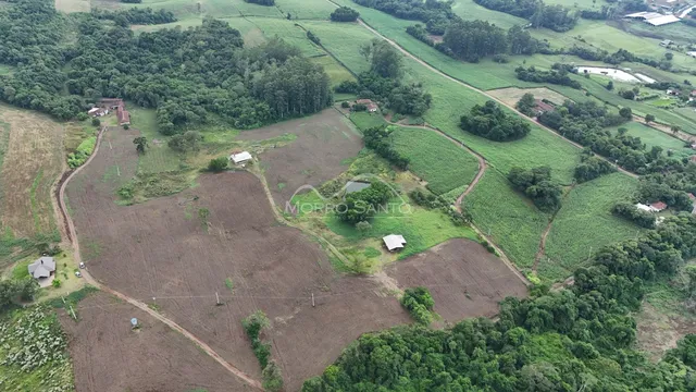 Vista aérea de uma propriedade rural com campos e vegetação densa.